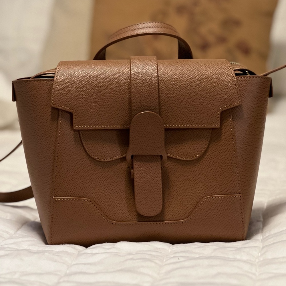 Senreve Mini Maestra Bag. Pebbled Leather, Tan/Chestnut.